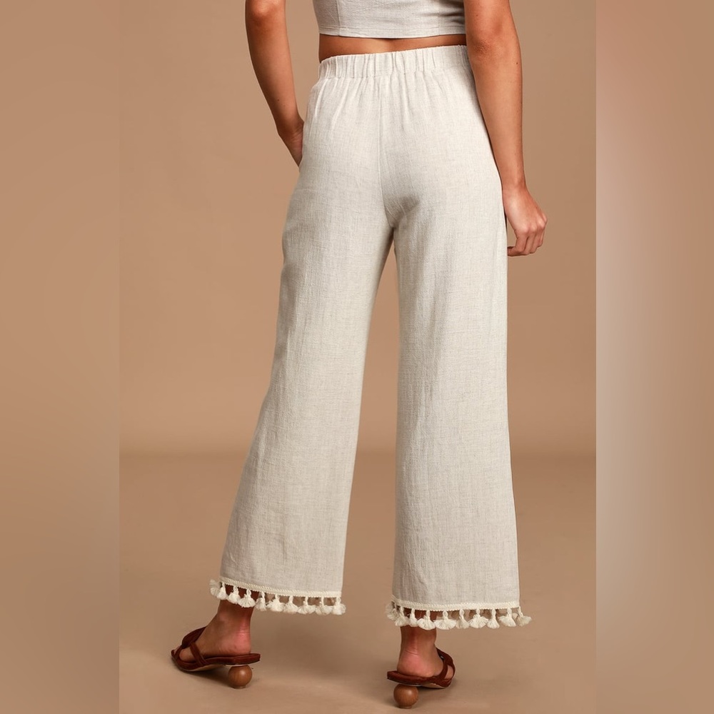 Line in the Sand Beige Wide-Leg Linen Tassel Pants